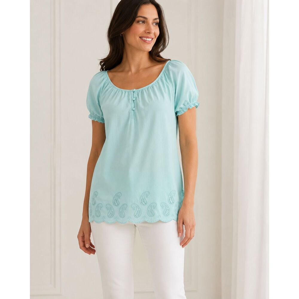 🌊 Tommy Hilfiger Aqua Blouse – Scalloped Hem, Cut-Out Paisley Detail – Size M